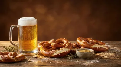 Beer Mug And Pretzels On A Rustic Wooden Table