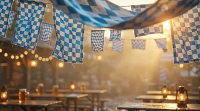 Oktoberfest Beer Garden With Bavarian Flags And Lanterns