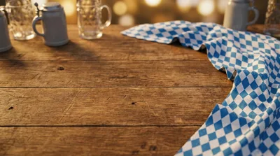 Bavarian Beer Mugs and Checkered Tablecloth on Wooden Table
