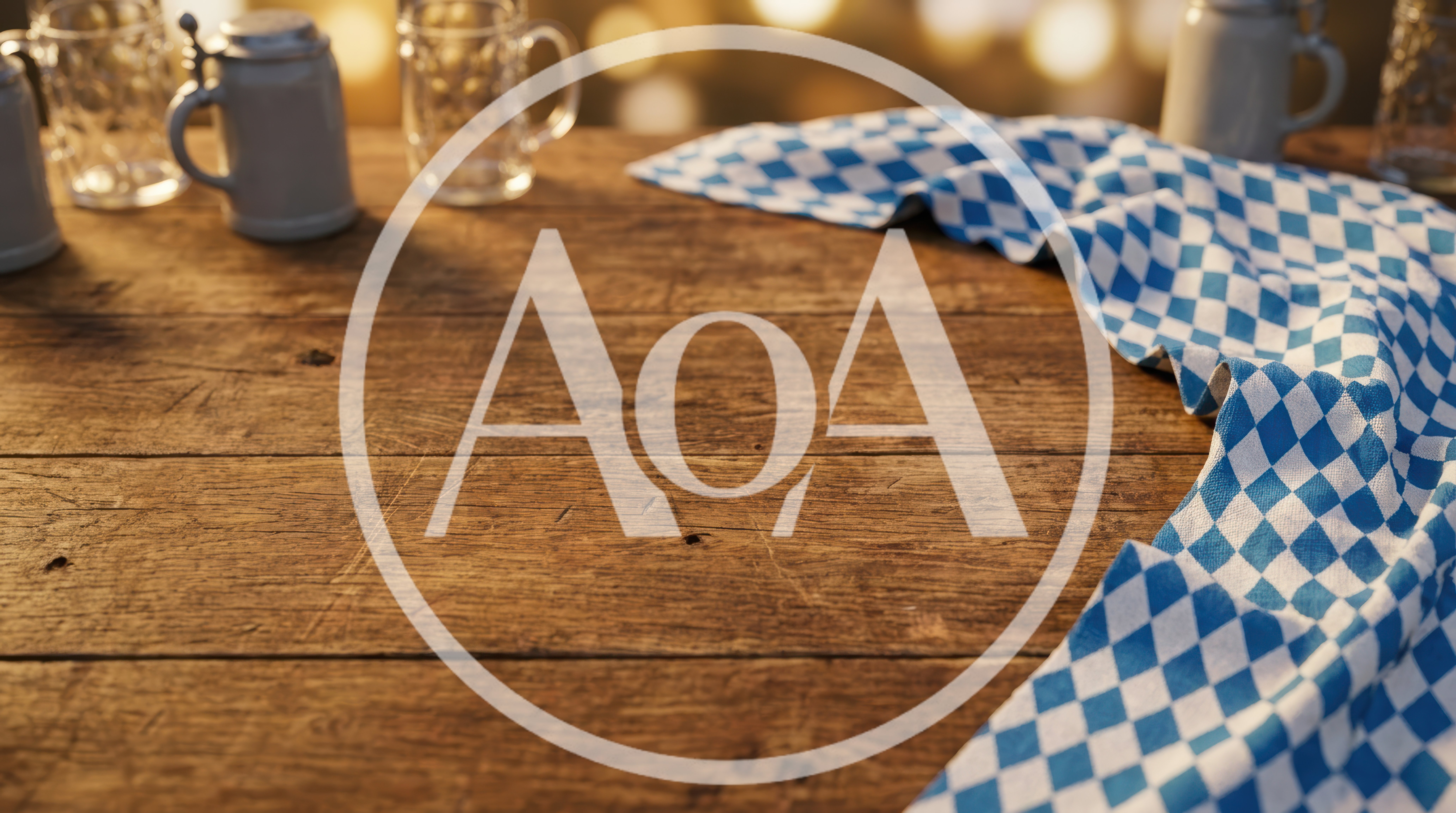 Bavarian Beer Mugs and Checkered Tablecloth on Wooden Table