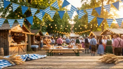 Oktoberfest Beer Garden Scene With Wooden Table