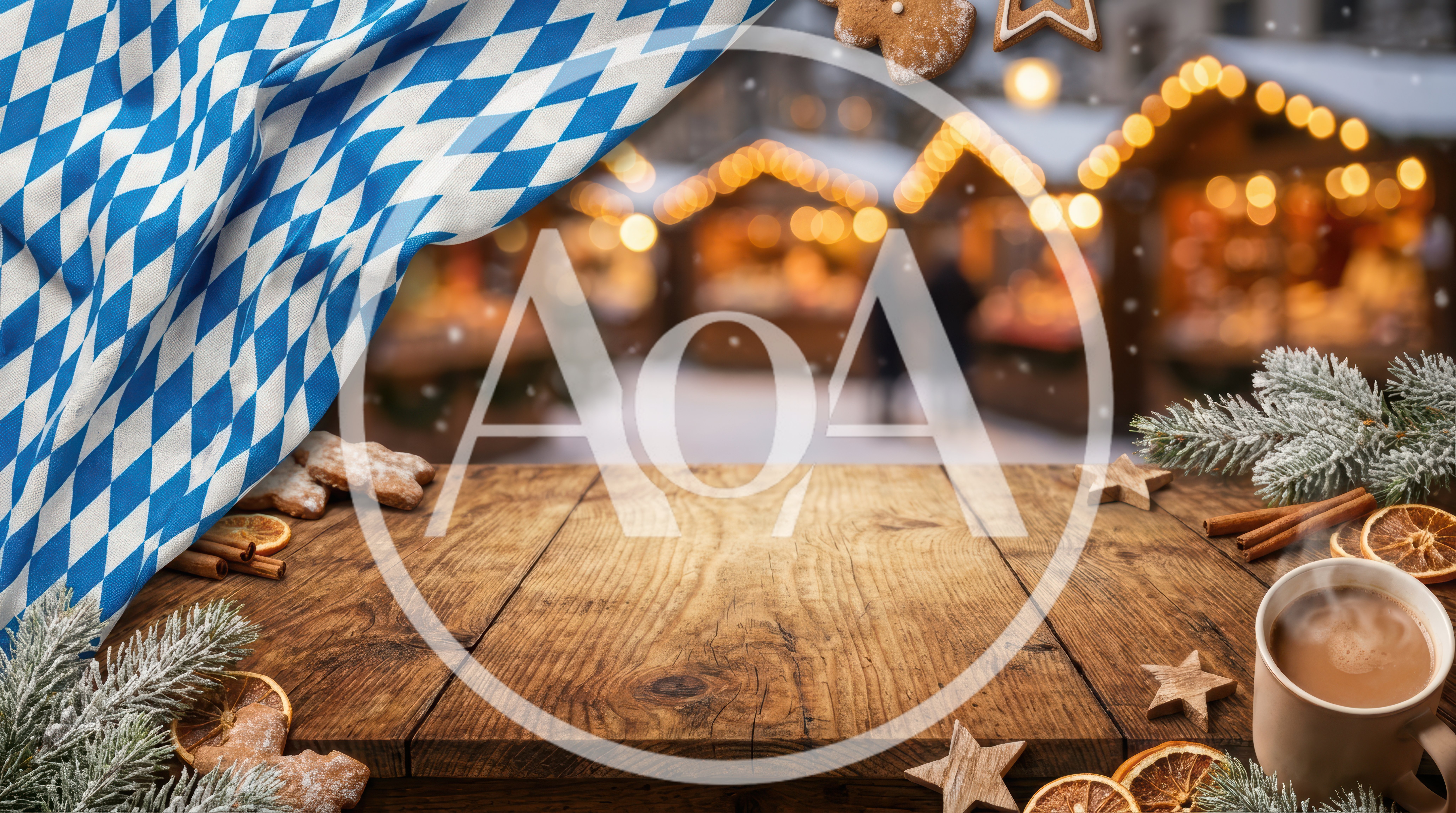 Wooden Table With Christmas Market Background And Bavarian Flag