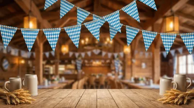 Oktoberfest Beer Mugs and Wheat on Wooden Table