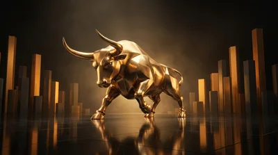 Golden Bull Statue Standing Amidst Financial Bar Charts