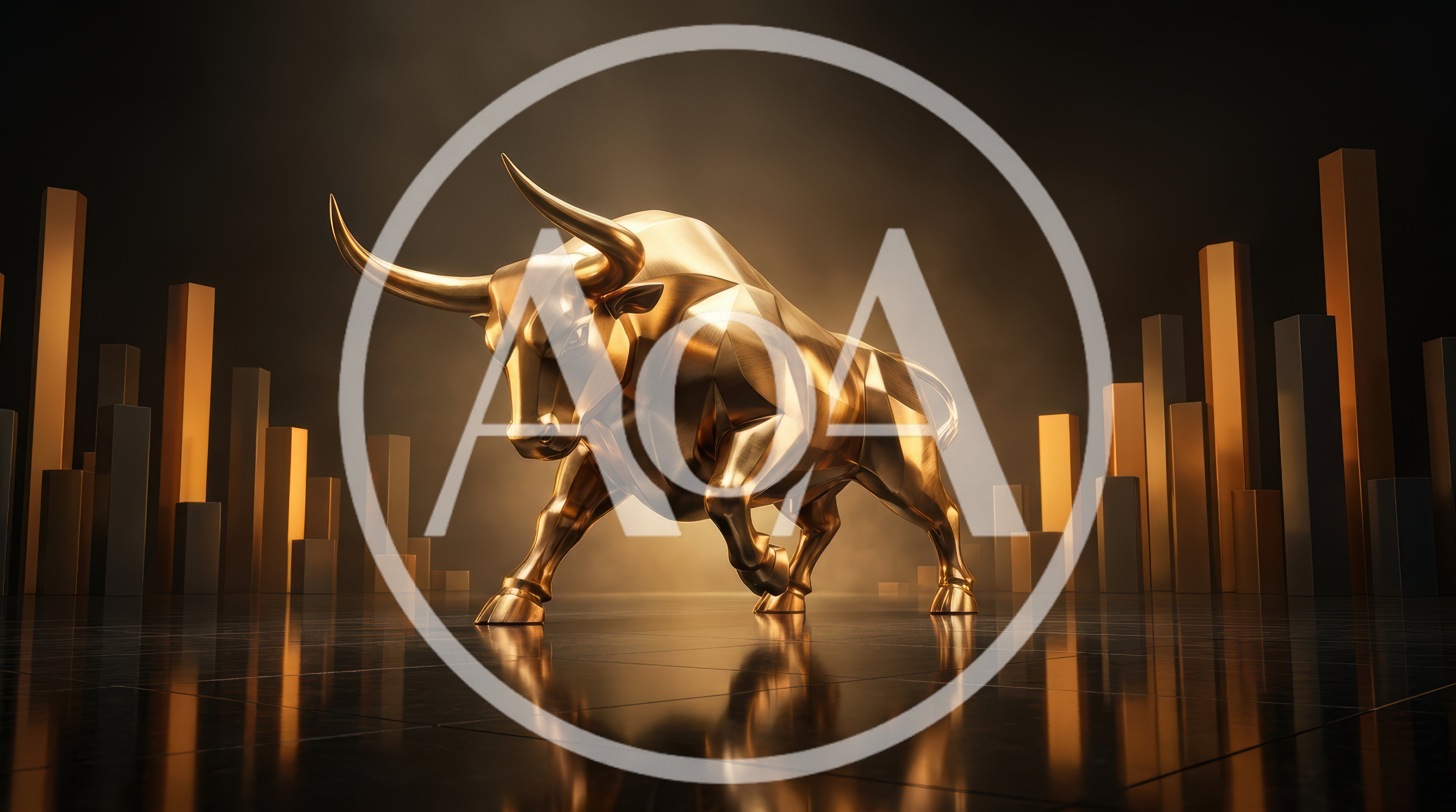 Golden Bull Statue Standing Amidst Financial Bar Charts
