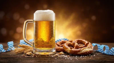 Oktoberfest Beer Mug With Pretzels On Wooden Table
