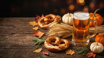 Oktoberfest Beer Mug With Pretzels And Pumpkins