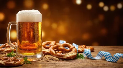 Oktoberfest Beer Mug With Pretzels On Wooden Table