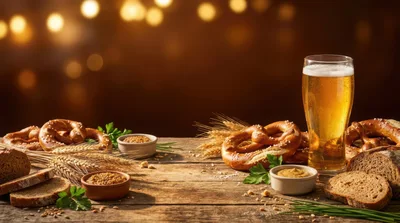 Bavarian Beer And Pretzels On Rustic Wooden Table