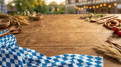 Rustic Bavarian Table Setting With Pretzels And Wheat