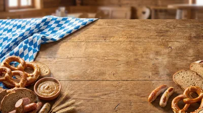Bavarian Food Spread on Rustic Wooden Table