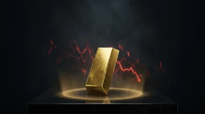 Gold Bar Standing On Marble Pedestal With Declining Graph