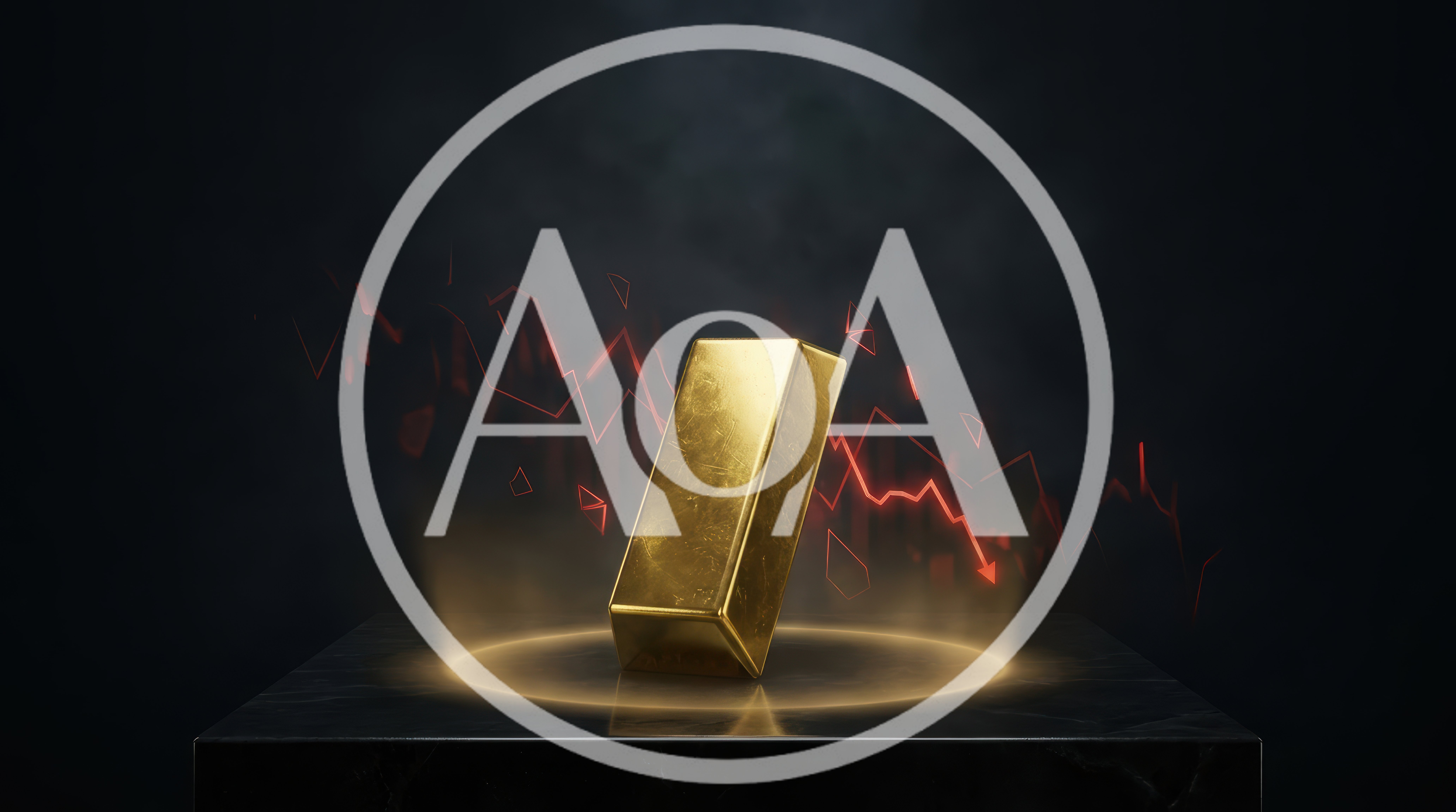 Gold Bar Standing On Marble Pedestal With Declining Graph
