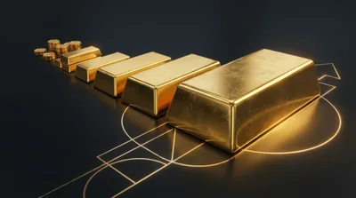 Gold Bars And Coins Arranged In Ascending Size