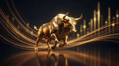 Golden Bull Statue With Financial Market Data Visualization