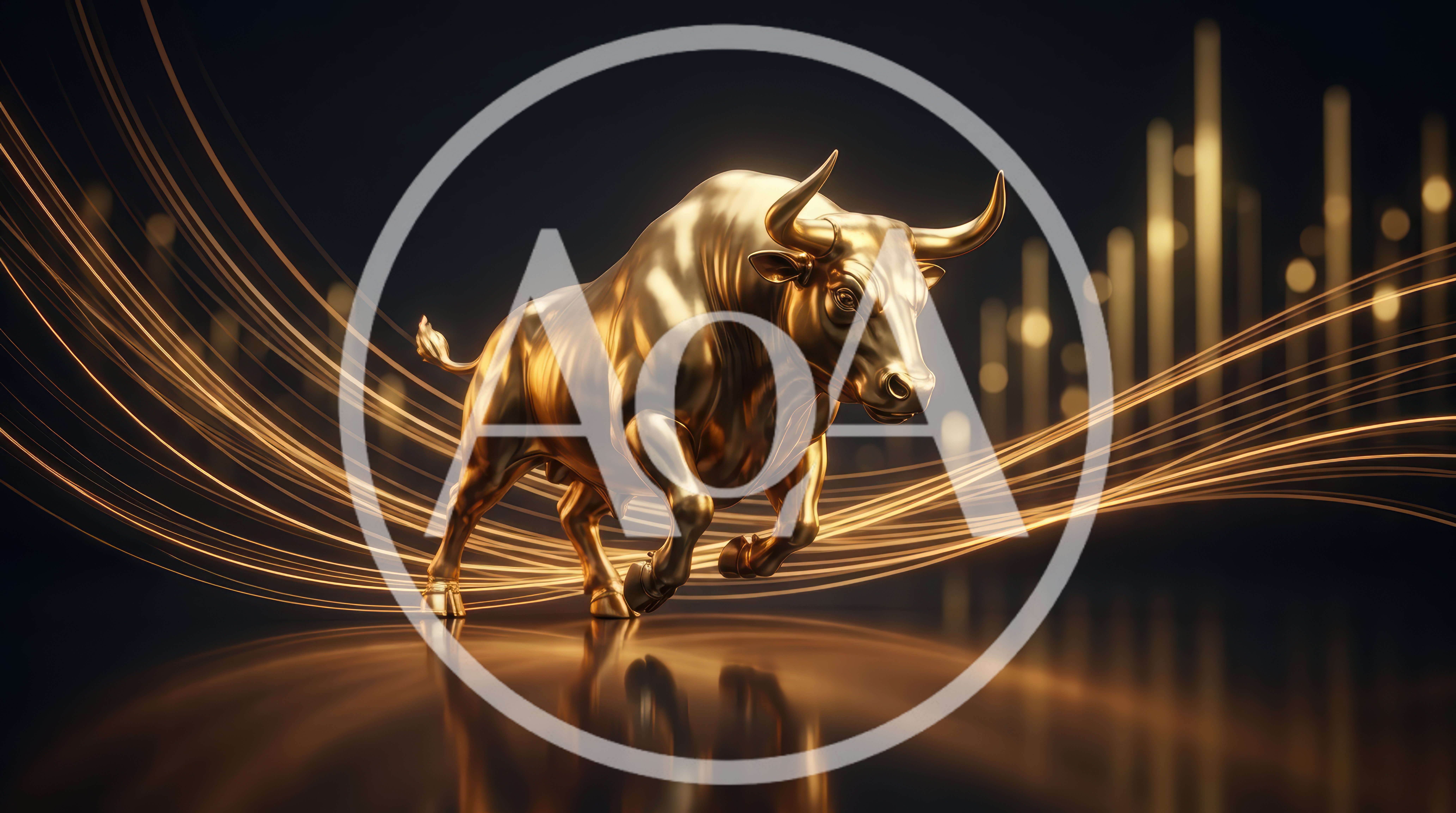 Golden Bull Statue With Financial Market Data Visualization