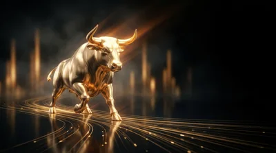 Golden Bull Statue Walking On Glowing Financial Lines
