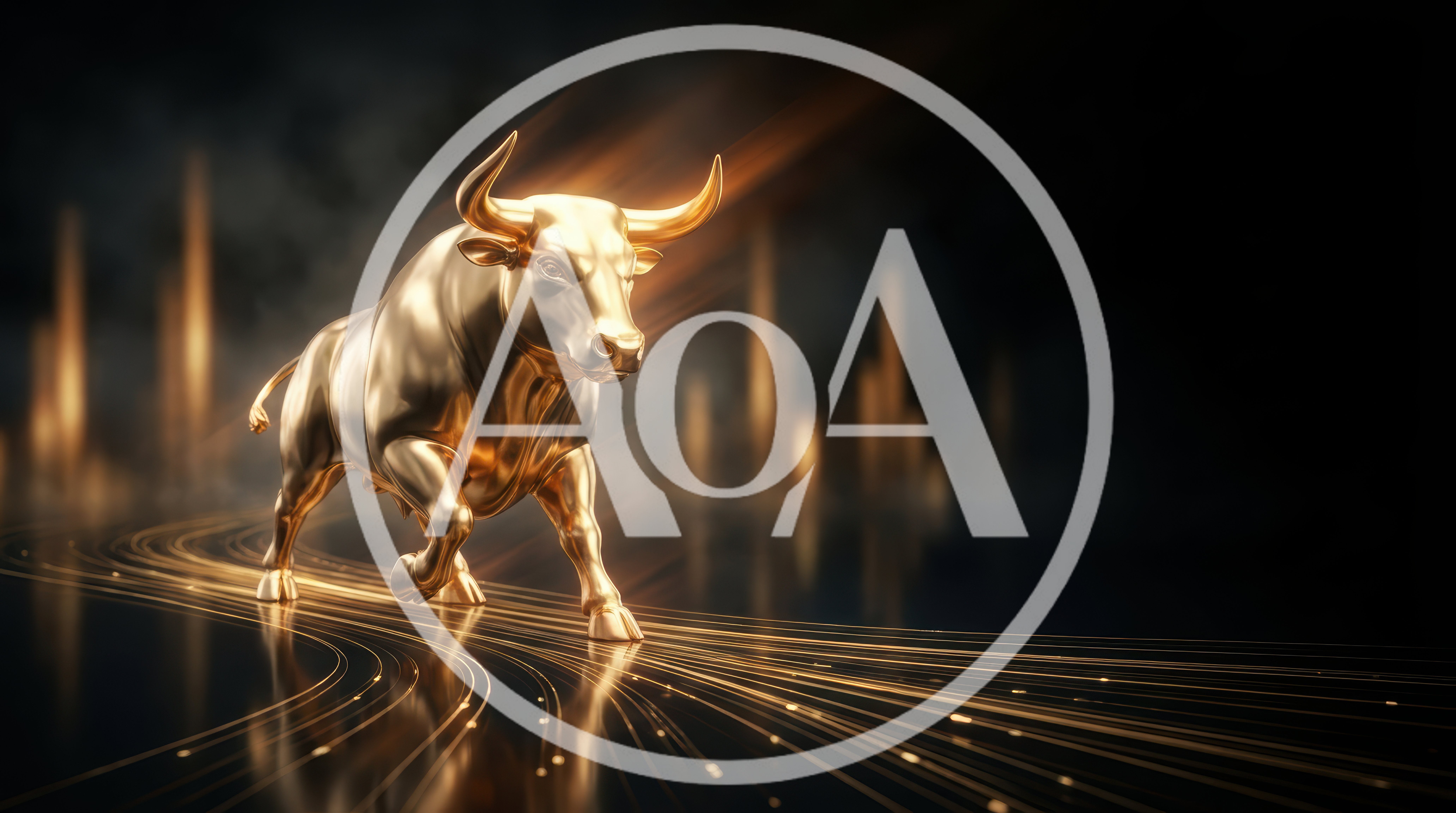 Golden Bull Statue Walking On Glowing Financial Lines