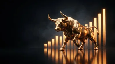 Golden Bull Statue With Rising Financial Bar Chart