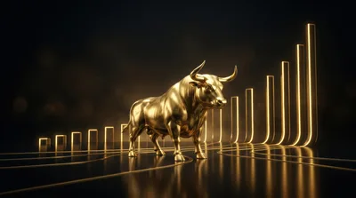 Golden Bull Statue With Rising Financial Growth Chart