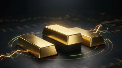 Three Gold Bars Resting On Financial Trading Charts