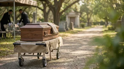 Funeral Directors Preparing Casket At Cemetery Graveside Service