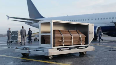 Coffin Transported on Airport Tarmac Near Airplane
