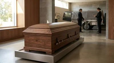 Wooden Casket Displayed In A Funeral Home