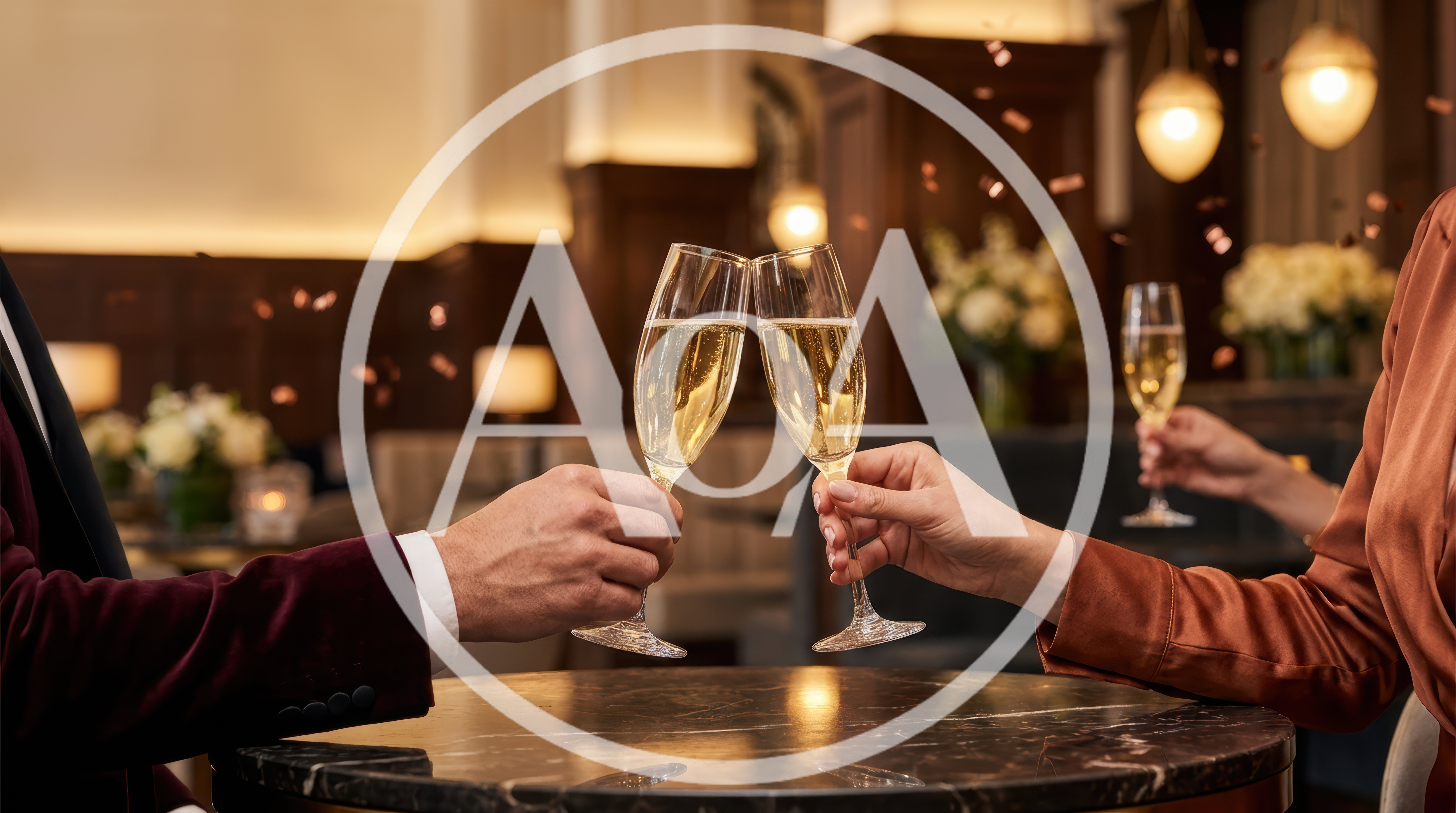 Couple Toasting With Champagne Flutes In Elegant Restaurant