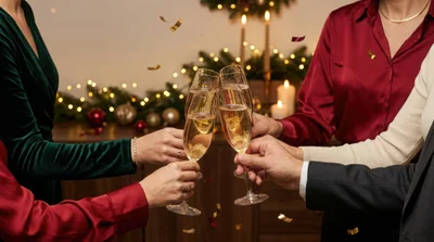Friends Toasting With Champagne Glasses At Holiday Party