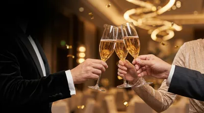 Three People Toasting With Champagne Flutes At Event