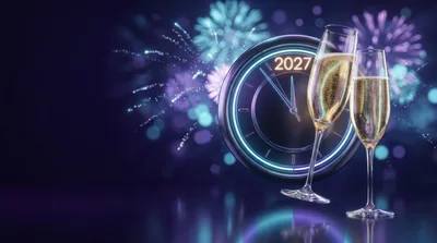 New Year 2027 Celebration With Champagne Glasses And Clock