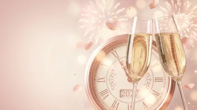 New Year Celebration With Champagne Flutes And Clock