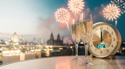 New Year Celebration With Champagne And Clock
