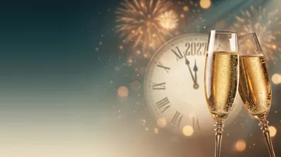 New Year Celebration With Champagne Glasses And Clock