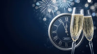 New Year Celebration With Champagne Glasses And Clock