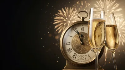 New Year Celebration With Champagne And Clock
