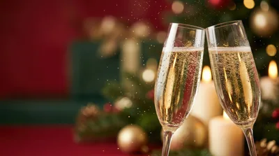 Two Champagne Flutes Toasting During Christmas Celebration