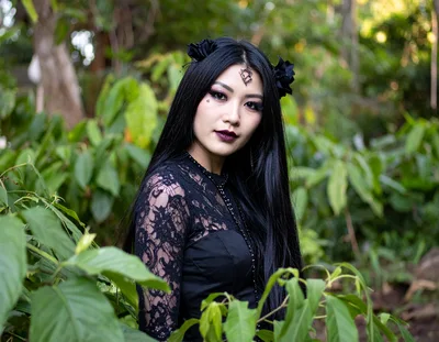 Gothic Woman With Black Hair In Lush Forest