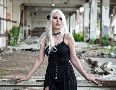 Gothic Woman With White Hair In Abandoned Industrial Building