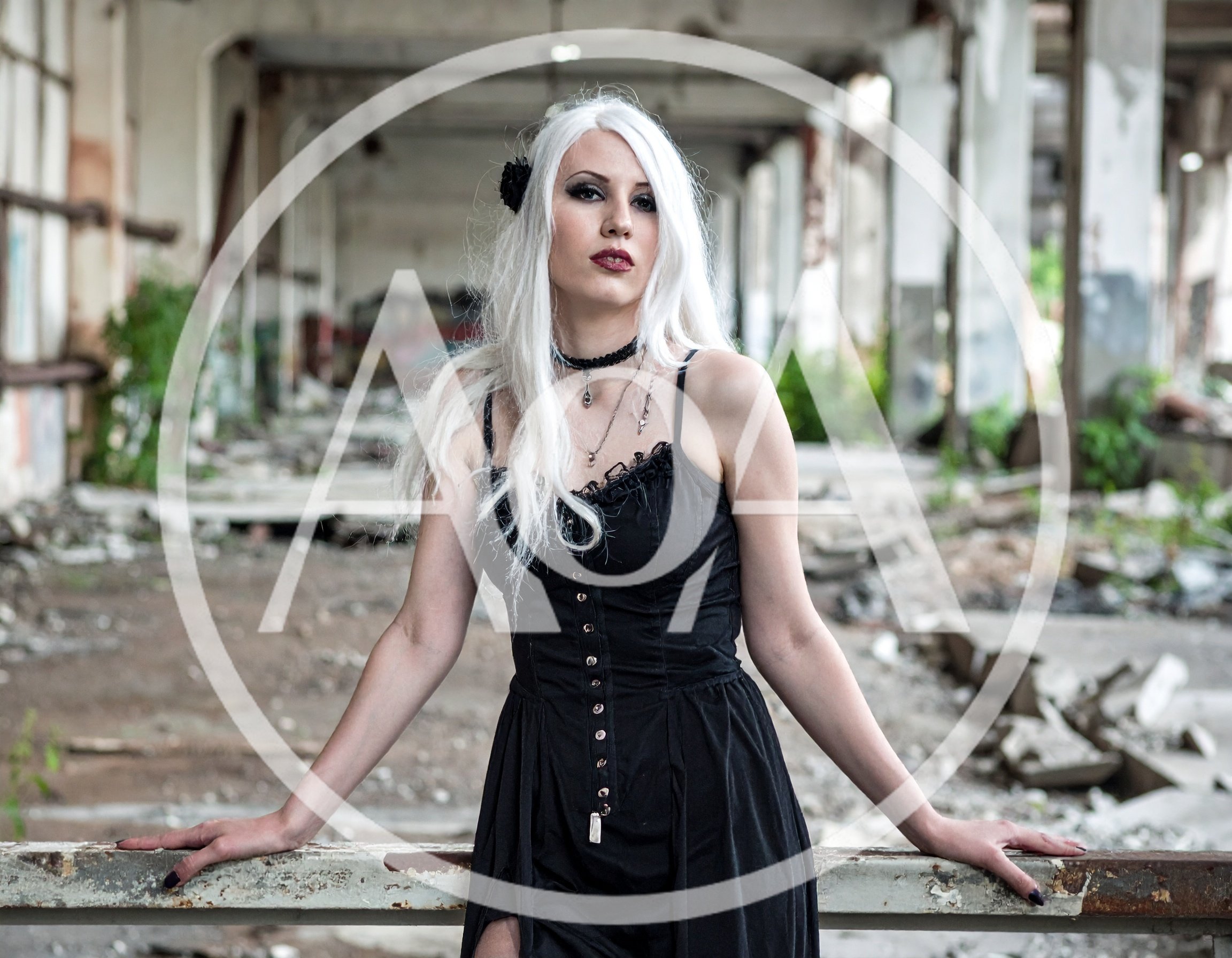 Gothic Woman With White Hair In Abandoned Industrial Building