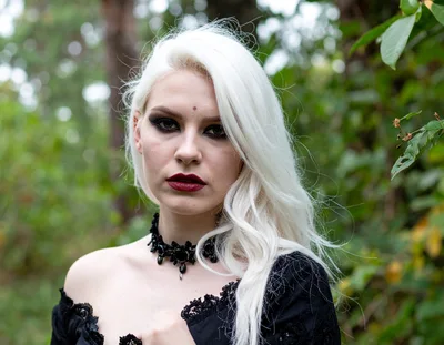 Gothic Woman With White Hair In Forest Setting