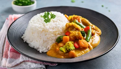 Plate Of Vegetable Curry With Steamed White Rice