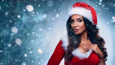 Beautiful Woman Wearing Santa Claus Costume In Snow