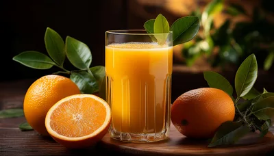 Glass Of Fresh Orange Juice With Whole And Sliced Oranges