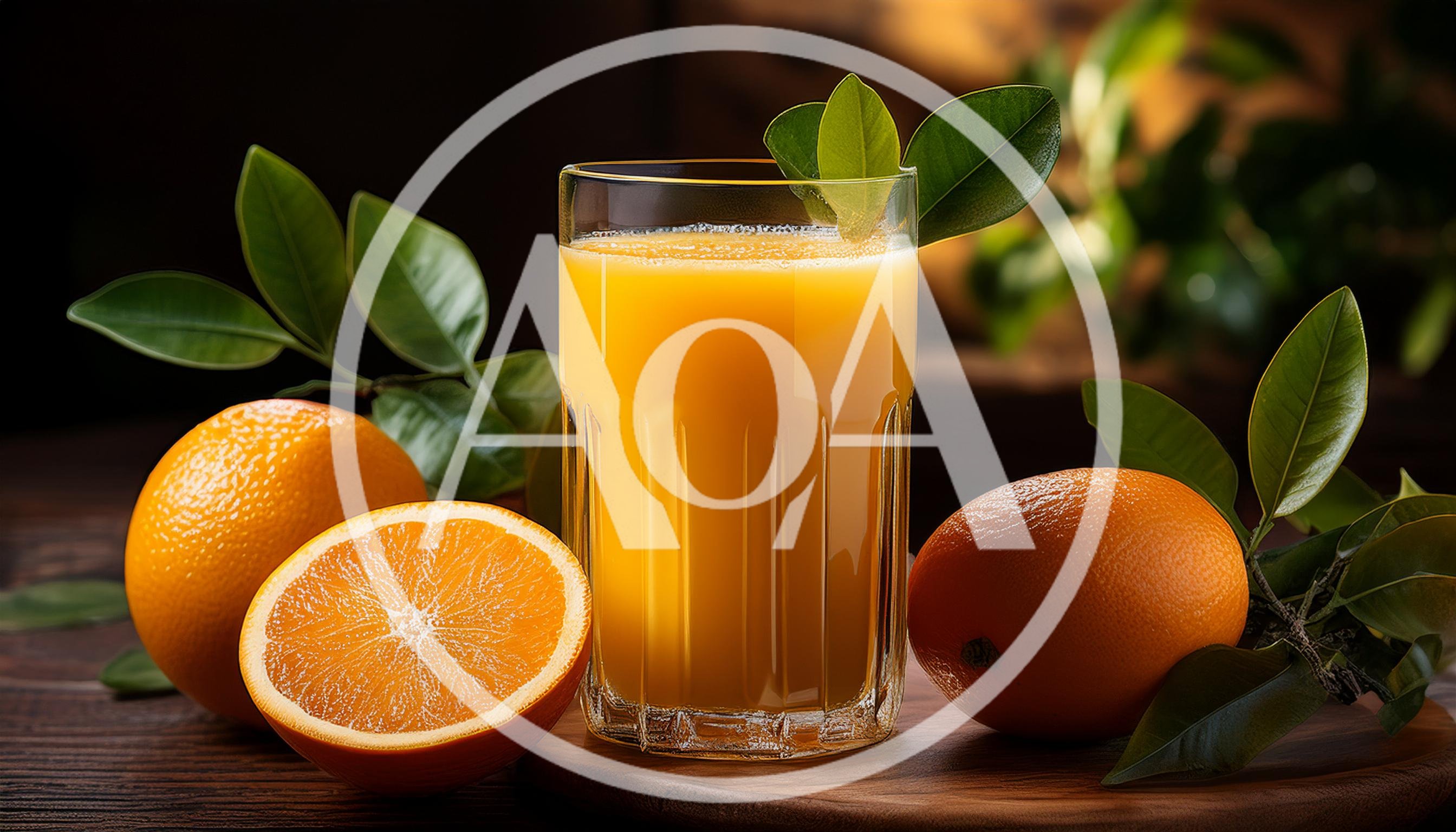 Glass Of Fresh Orange Juice With Whole And Sliced Oranges