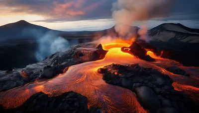 Active Volcanic Eruption With Flowing Molten Lava
