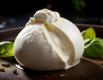 Fresh Burrata Cheese Ball With Basil Leaves