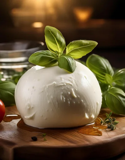 Fresh Mozzarella Ball With Basil Leaves On Wooden Board