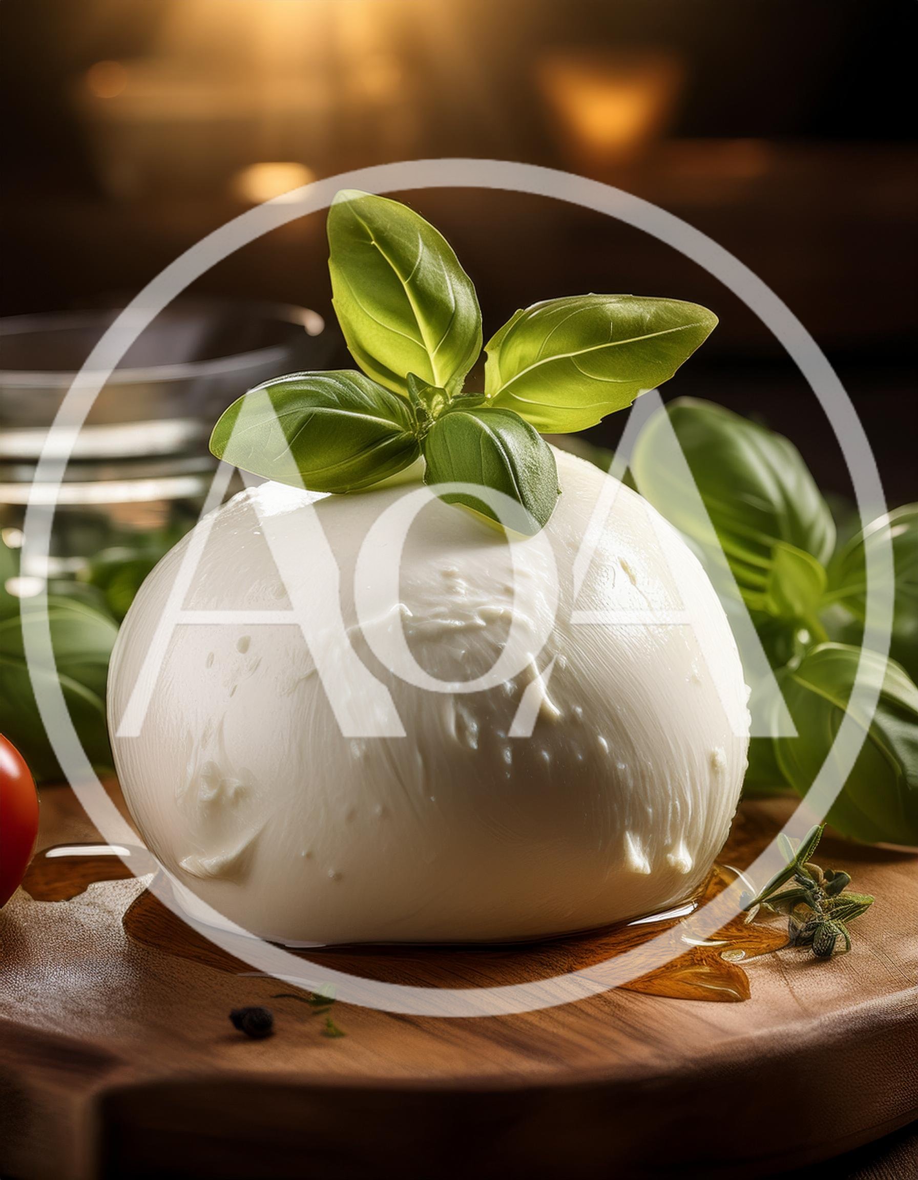 Fresh Mozzarella Ball With Basil Leaves On Wooden Board
